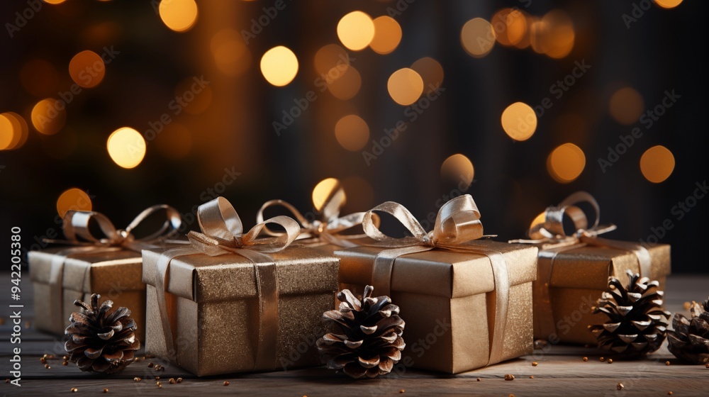 christmas and new year background - gift boxes and pine cones and branches on the background of bokeh garlands christmas and new year background - gift boxes and pine cones and branches on the background of bokeh garlands