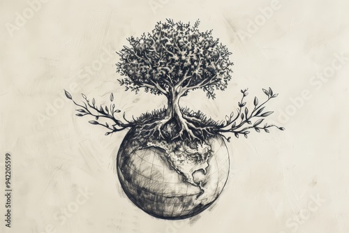 A drawing of a tree on a globe with a pencil and a pen, generative ai image