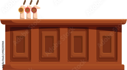 Empty wooden bar counter with beer taps standing on white background