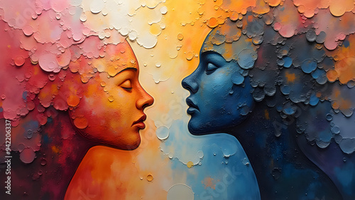Abstract art depicting the profiles of two faces merging into colorful textures, representing love, connection, and unity with a blend of warm and cool tones.
