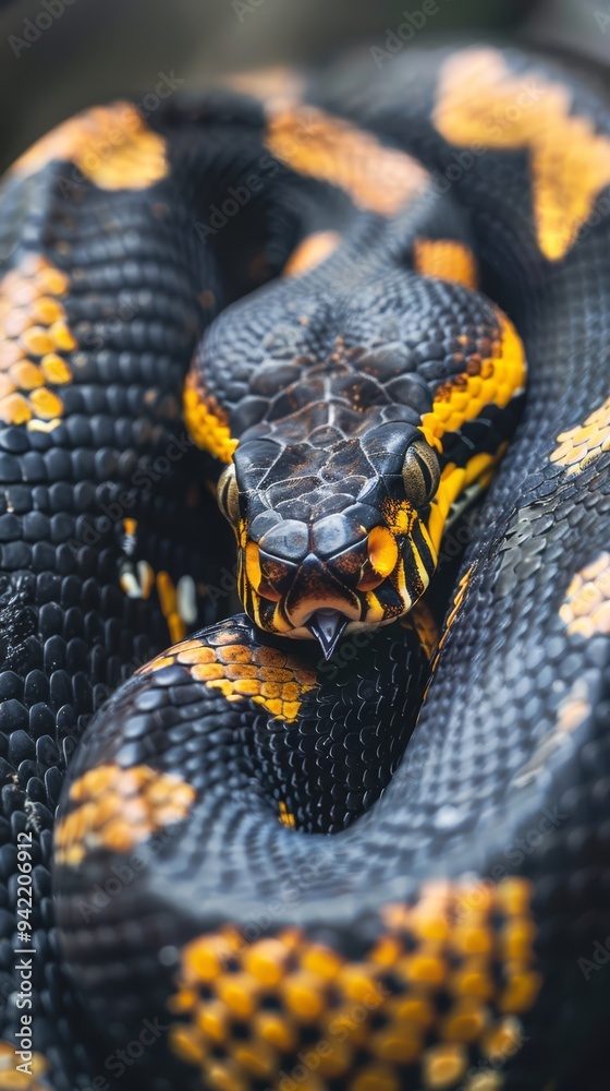 Fototapeta premium The captivating patterns of a snake exhibit a seamless blend of striking black and orange hues, highlighting the intricacies of its scales in a natural environment.