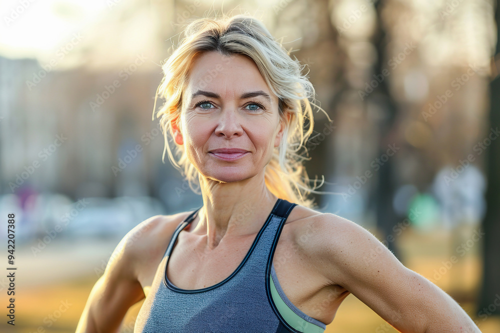 Active fit middle aged woman posing after outdoor run during sunset Active fit middle aged woman posing after outdoor run during sunset