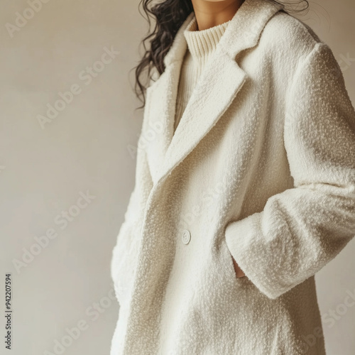 woman in textured white coat with hands in pockets