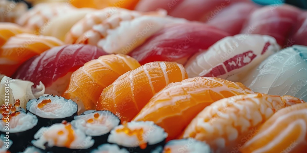 Delicious assortment of sushi fresh raw fish high quality seafood fragrant rice and succulent tuna sashimi Delicious assortment of sushi fresh raw fish high quality seafood fragrant rice and succulent tuna sashimi