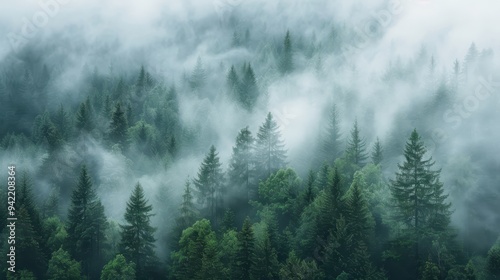 A serene, misty forest with lush green trees covered by fog, creating a peaceful and mysterious natural landscape.