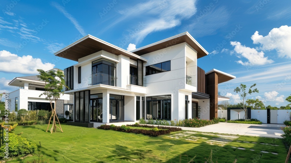 Modern White House with a Lush Green Lawn Modern White House with a Lush Green Lawn
