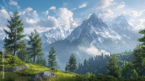 Mountains with a few clouds and trees