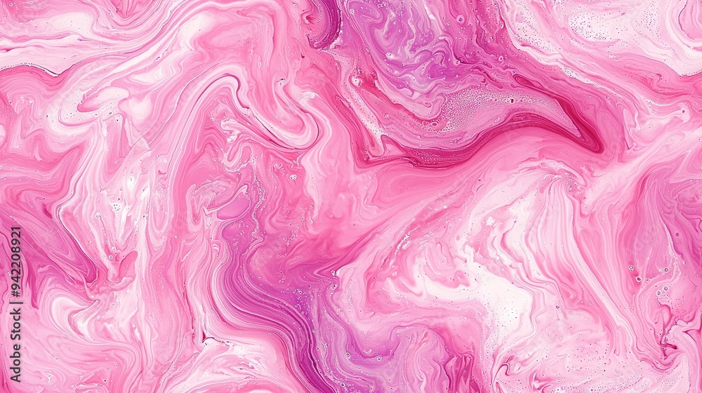A close-up of pink and purple fluid paint, with a water droplet on the left side A close-up of pink and purple fluid paint, with a water droplet on the left side