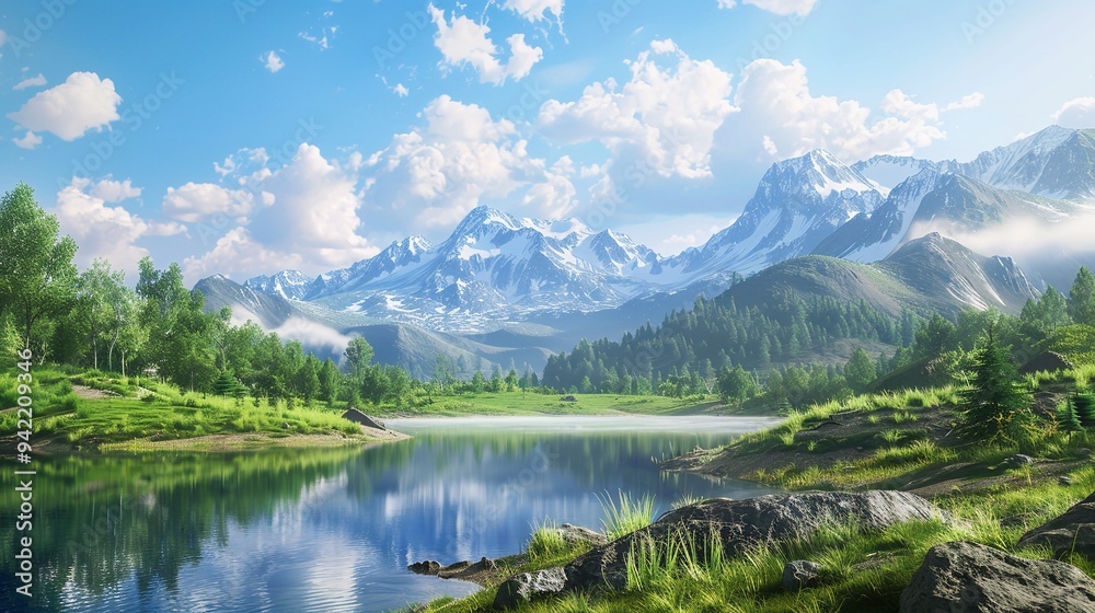 Mountain Stream Flowing Through a Lush Valley on a Sunny Day Mountain Stream Flowing Through a Lush Valley on a Sunny Day