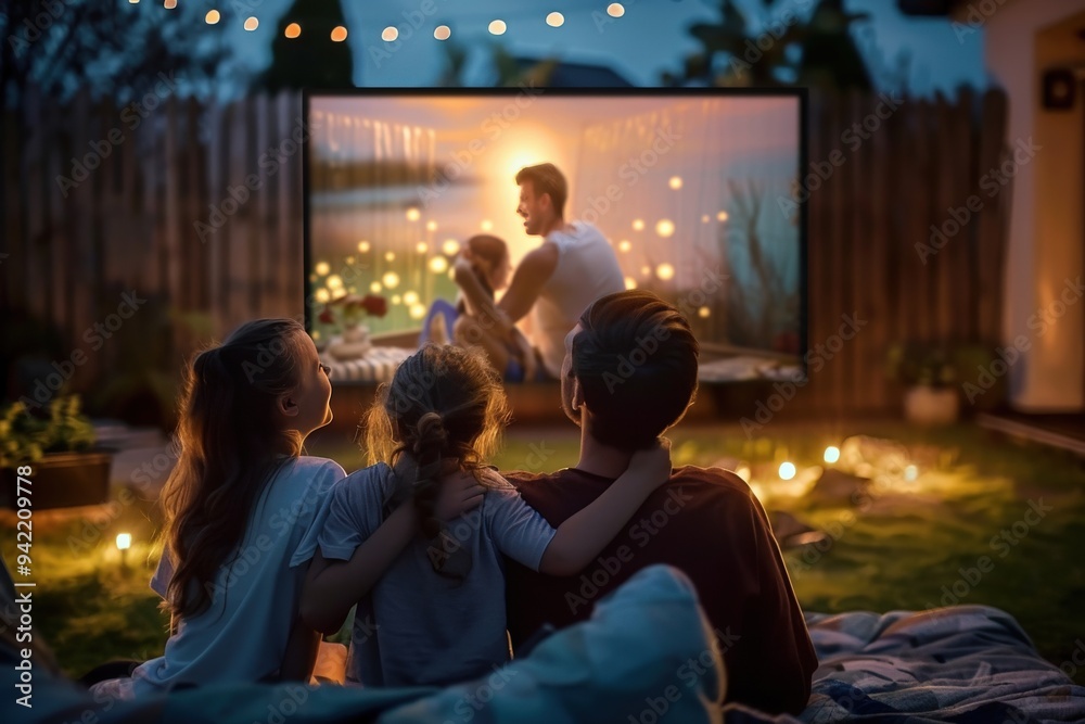 A family is watching a movie on a large screen TV in their living room, generative ai image A family is watching a movie on a large screen TV in their living room, generative ai image