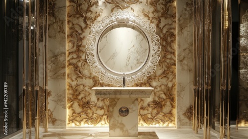 Elegant Venetian style interior featuring intricate lace pattern with gold accents and a luxurious marble sink photo