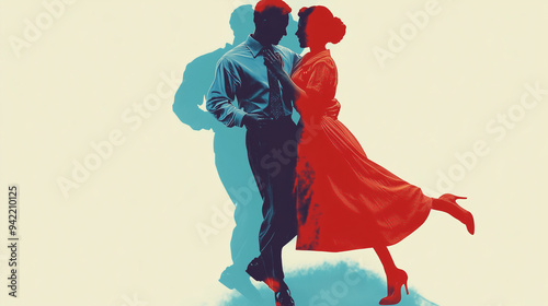 beautiful abstract illustration of a lindy hop dancing couple isolated on a white background, two people dancing a swing dance