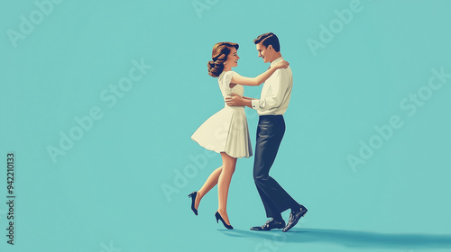 beautiful abstract illustration of a lindy hop dancing couple isolated on a blue background, two people dancing a swing dance