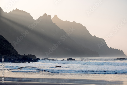 Ocean coastline with rocky cliffs and water foreground, Anaga, Tenerife