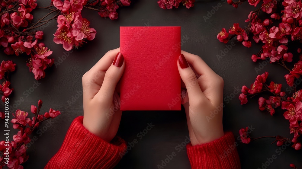 Hands hold a red Chinese envelope with a blank front, surrounded by blooming flowers, symbolizing good fortune and joy during the Chinese New Year celebration. Hands hold a red Chinese envelope with a blank front, surrounded by blooming flowers, symbolizing good fortune and joy during the Chinese New Year celebration.