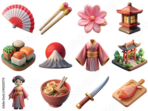 Collection of different Japanese symbols including Fuji, sakura flower, chopsticks, ramen, kimono, sushi, geisha