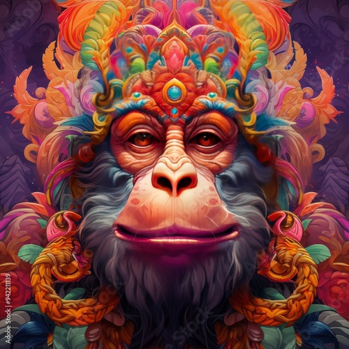 Ornate monkey king illustration with vibrant colorful headdress and golden earrings on a dark background.