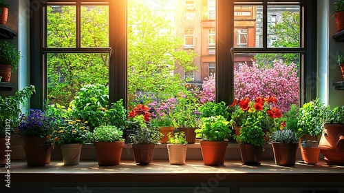   Potted plants arrayed on window sill under warm sunbeams photo