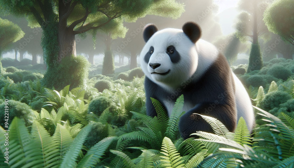 Obraz premium Cute Panda Bear in Lush Green Foliage, Digital Illustration. Generative AI.