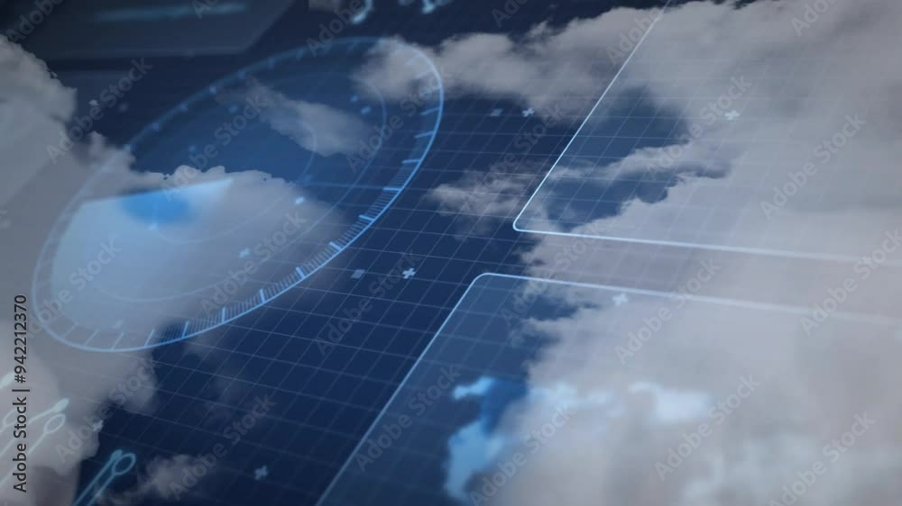Futuristic weather forecasting animation with clouds and digital interface elements