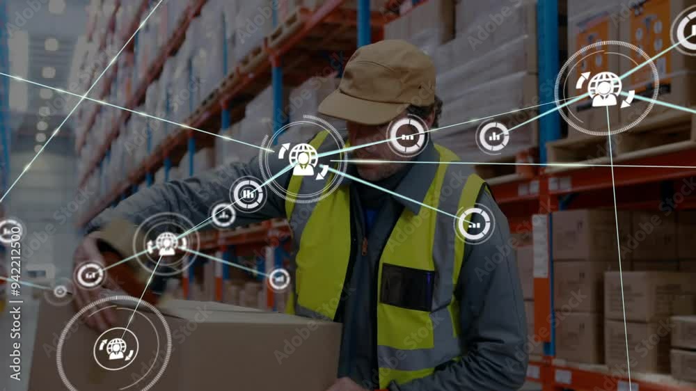 Handling package in warehouse, worker with logistics network animation overlaid
