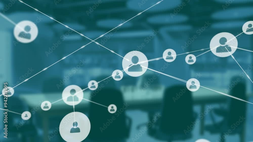 Network of connections and user icons animation over office background Network of connections and user icons animation over office background