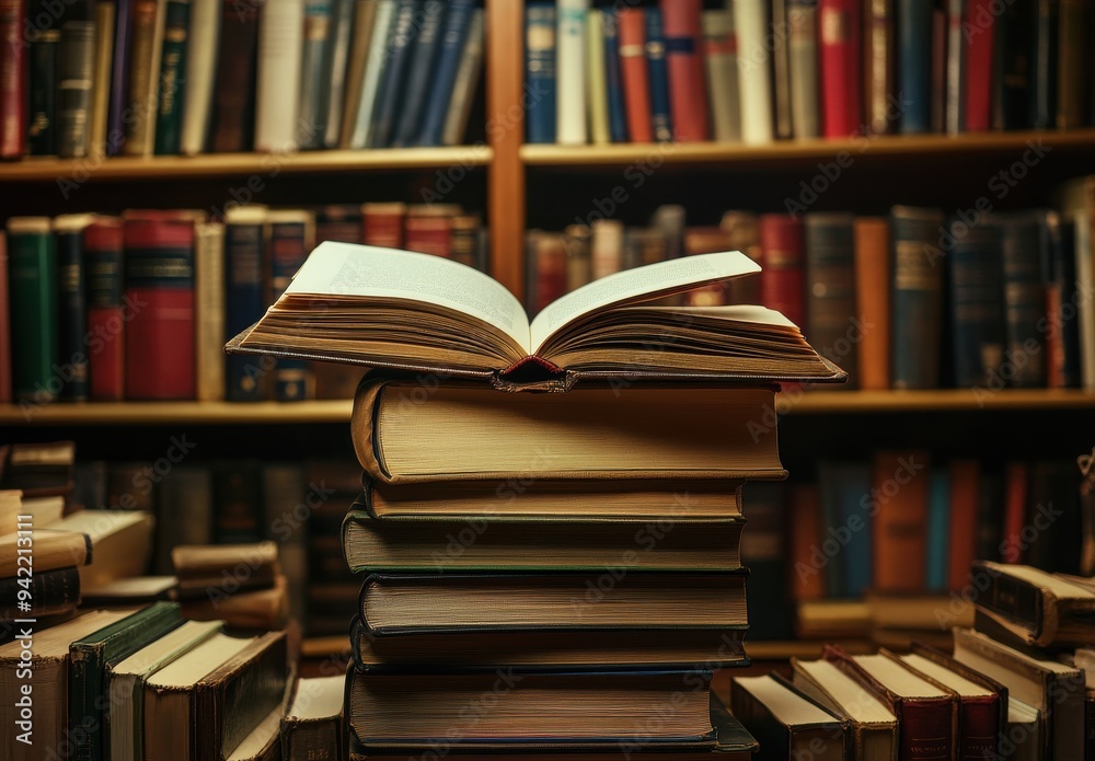 stack of books with an open book on top, set against the backdrop of a library or study room