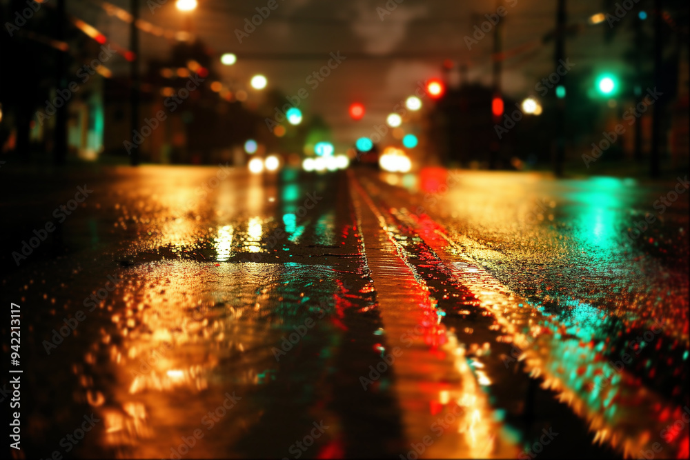 Low angle view of wet road in a city with cars in the background Low angle view of wet road in a city with cars in the background
