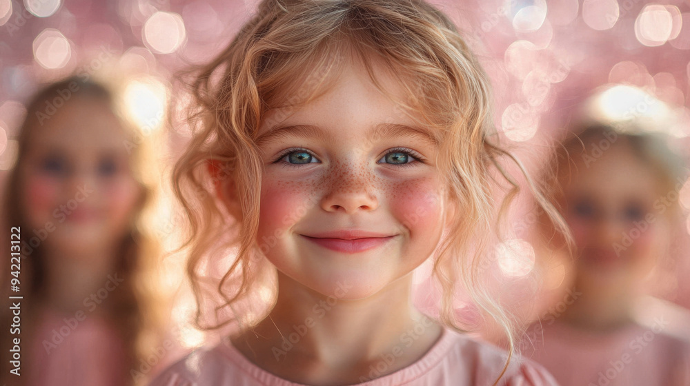 A young girl with blonde hair and blue eyes is smiling at the camera