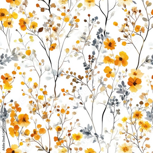 Seamless Watercolor Floral Pattern Featuring Autumn Fall Dried Flower Elements