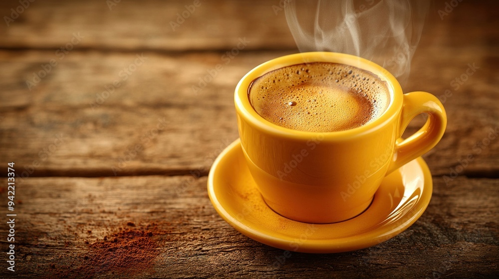 A cup of coffee with rising steam on a saucer atop a wooden table A cup of coffee with rising steam on a saucer atop a wooden table