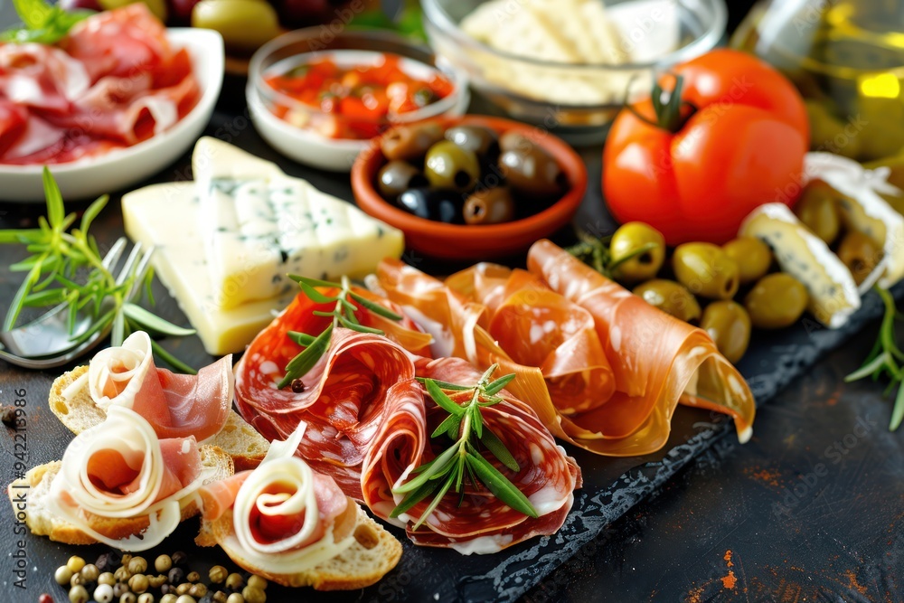 Spanish tapas platter with cured meats, cheeses, olives, and bread. Spanish tapas platter with cured meats, cheeses, olives, and bread.