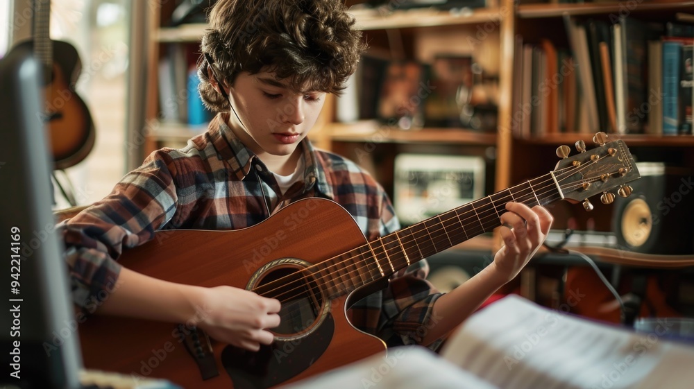 Fototapeta premium A student practicing the guitar, with music books and notes around them