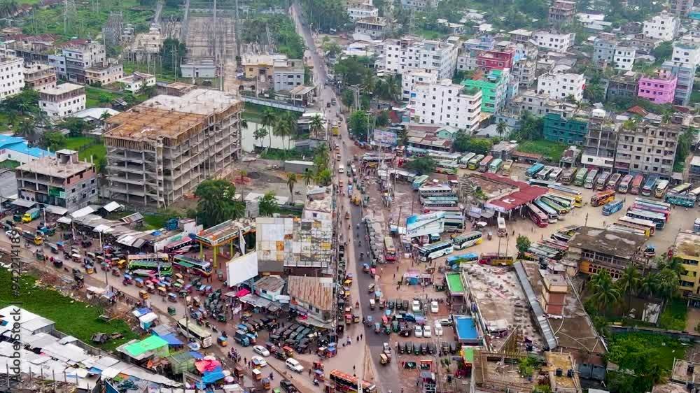 Aerial Shot of Barisal City With Traffic, Bus Terminal in Bangladesh. Aerial Shot of Barisal City With Traffic, Bus Terminal in Bangladesh.