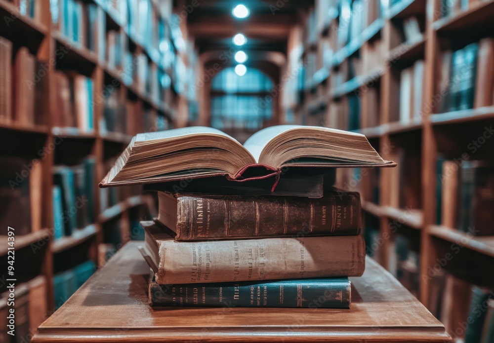 © Cetin - stack of books with an open book on top, set against the backdrop of a library or study room