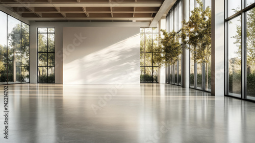 A large, empty room with a white wall and a tree in the corner