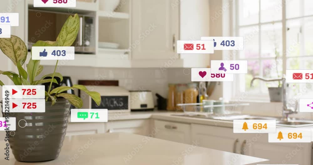 Social media notifications popping up in modern kitchen interior Social media notifications popping up in modern kitchen interior