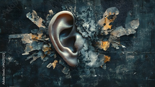 Abstract conceptual art of a human ear breaking apart with a dark, textured background photo