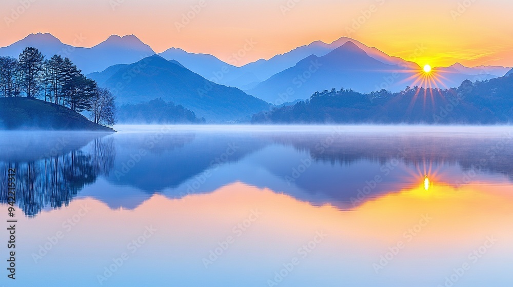 A vast expanse of water stretches before a majestic mountain range, bathed in golden sunlight from above A vast expanse of water stretches before a majestic mountain range, bathed in golden sunlight from above