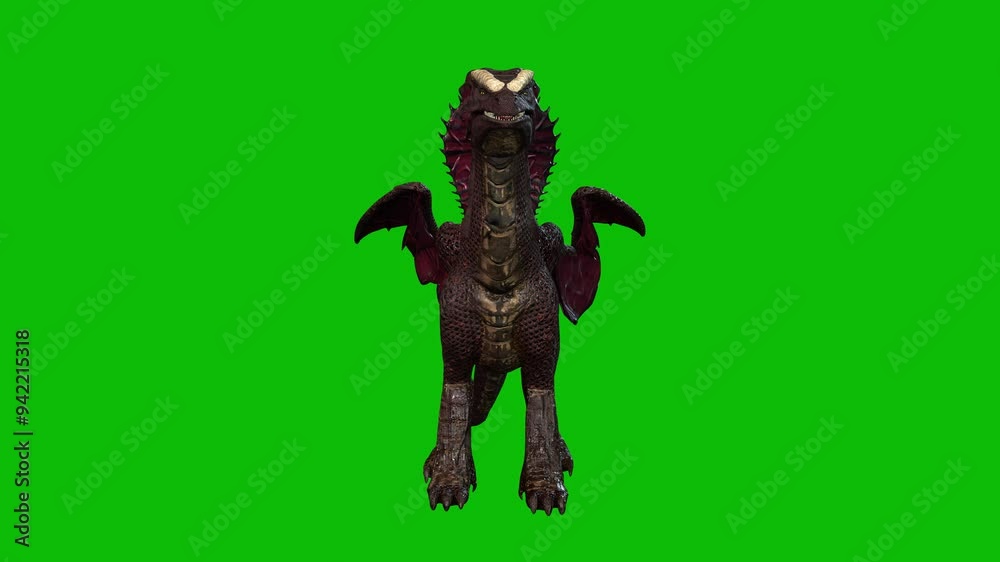Dragon fantasy creature, monster, standing idle on green screen, front view seamless loop 3D animation. Dragon fantasy creature, monster, standing idle on green screen, front view seamless loop 3D animation.