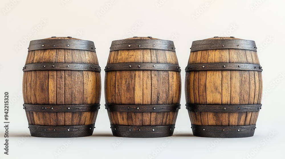 Three Wooden Barrels Isolated on Empty Background: High-Quality Rendering for Storage and Decorative Projects Three Wooden Barrels Isolated on Empty Background: High-Quality Rendering for Storage and Decorative Projects
