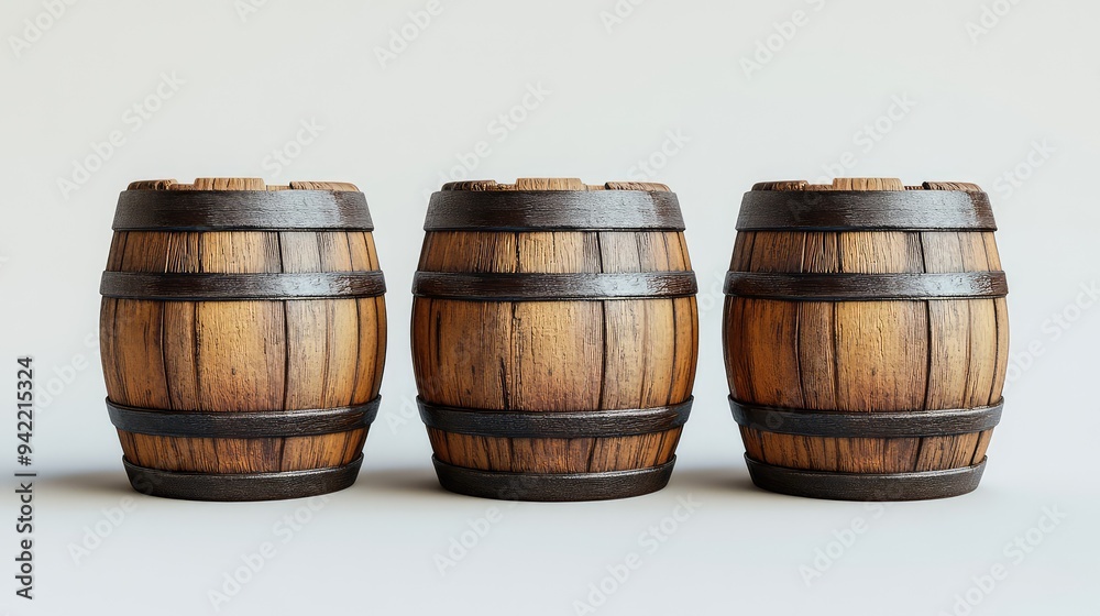Three Wooden Barrels Isolated on Empty Background: High-Quality Rendering for Storage and Decorative Projects Three Wooden Barrels Isolated on Empty Background: High-Quality Rendering for Storage and Decorative Projects
