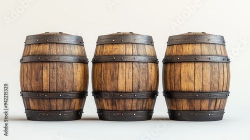 Three Wooden Barrels Isolated on Empty Background: High-Quality Rendering for Storage and Decorative Projects