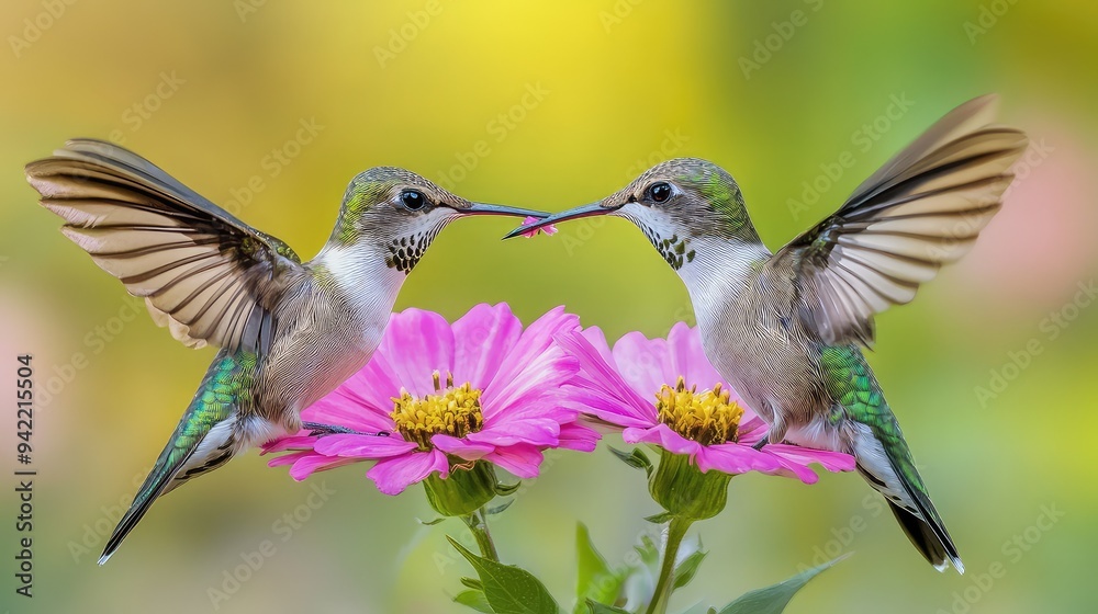 Fototapeta premium Two Vibrant Hummingbirds Delicately Feeding on a Pink Flower in a Lush Garden Setting, Capturing the Beauty and Grace of Nature in Motion