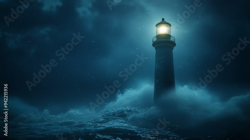 A lighthouse is lit up in the dark, with the waves crashing in the background