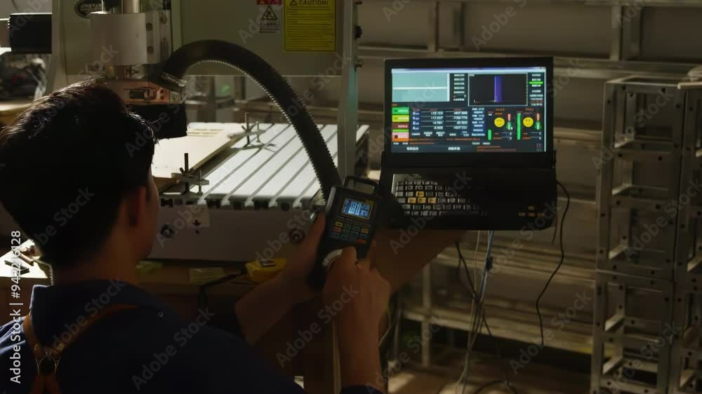 Machine Helper Engineer plant worker teach pendant robotic manipulator wearing safety ...