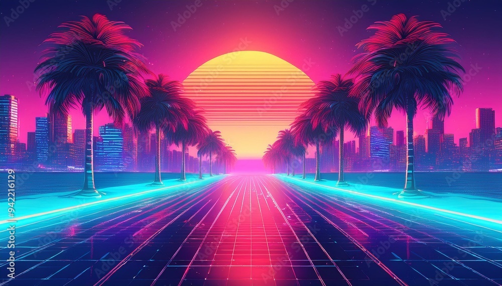 Fototapeta premium sunset in the city with synthwave look 4