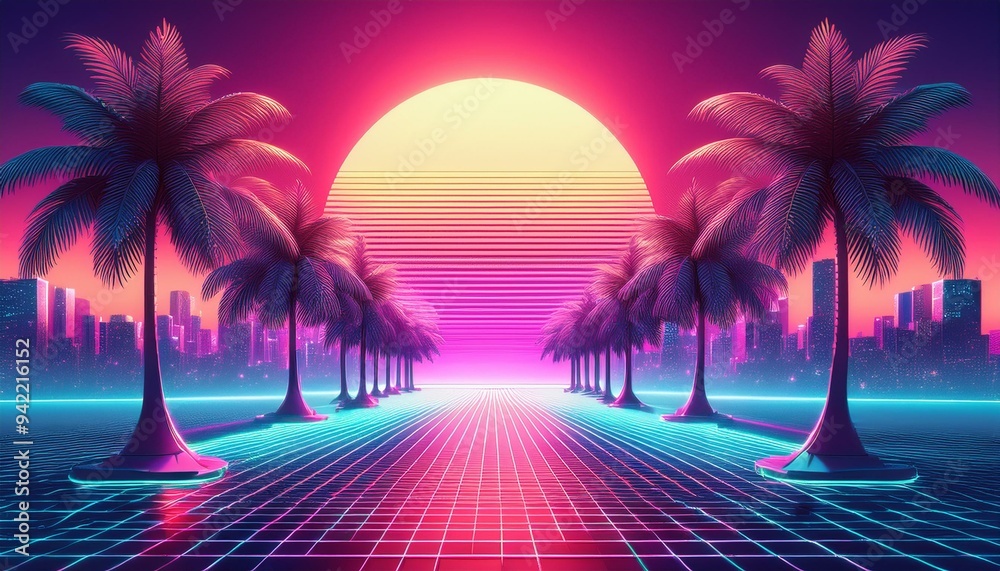 Naklejka premium sunset in the city with synthwave look