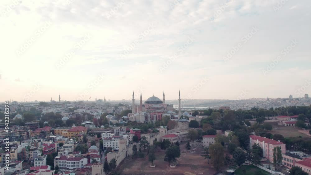 daytime shot of Grand Mosque Hagia Sophia, panoramic aerial view of Istanbul daytime shot of Grand Mosque Hagia Sophia, panoramic aerial view of Istanbul