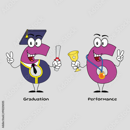 Performance & Graduation Expression, Funny Mascot Design, Number 6 (Part 61) 2 (Editable Strokes) photo